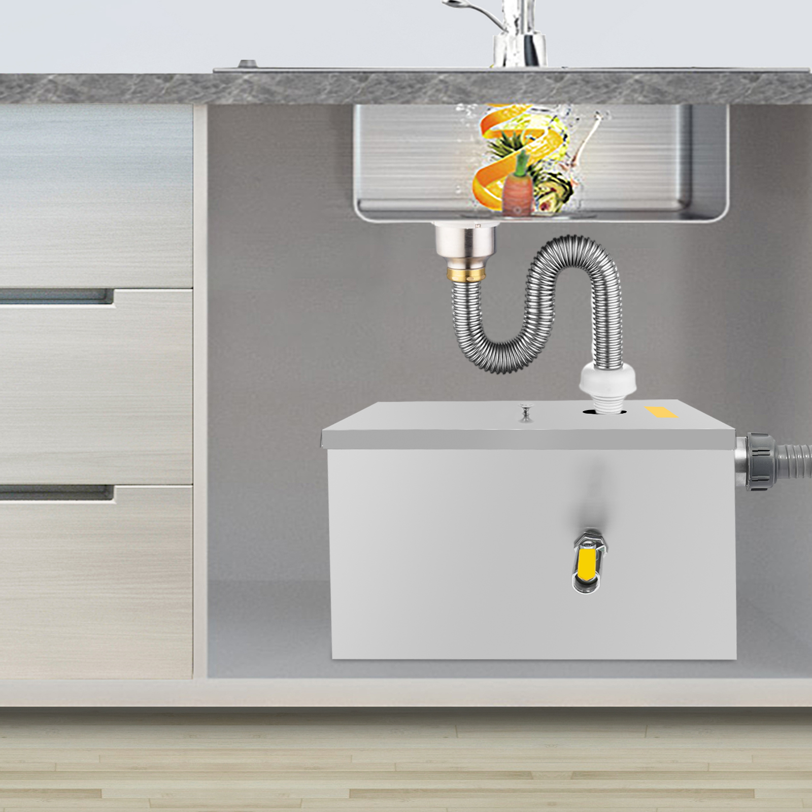 Commercial Kitchen Grease Trap - w/Drainage Pipe+Lid for Kitchen Restaurant 20L